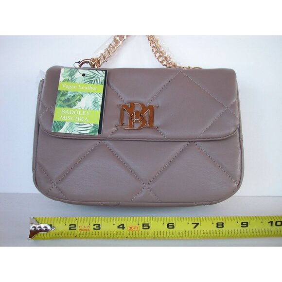 Badgley Mischka Vegan Leather Quilted Crossbody Bag With Gold Chain Strap - Taup - Picture 1 of 3